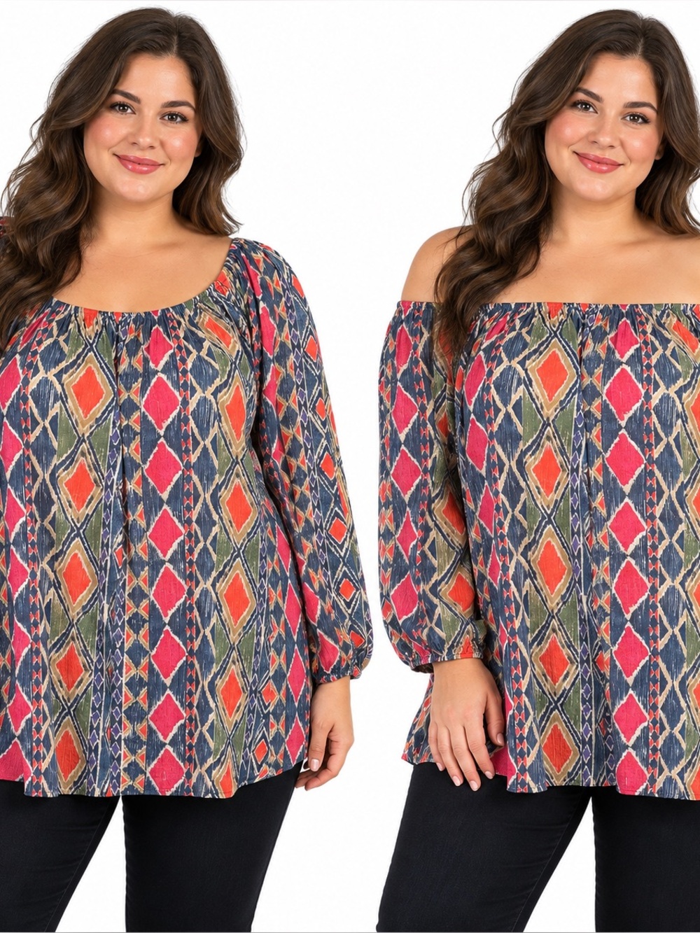 CHAPS DENIM Multicolor Ikat Print Cotton Peasant Blouse On/Off Shoulder Size 3X